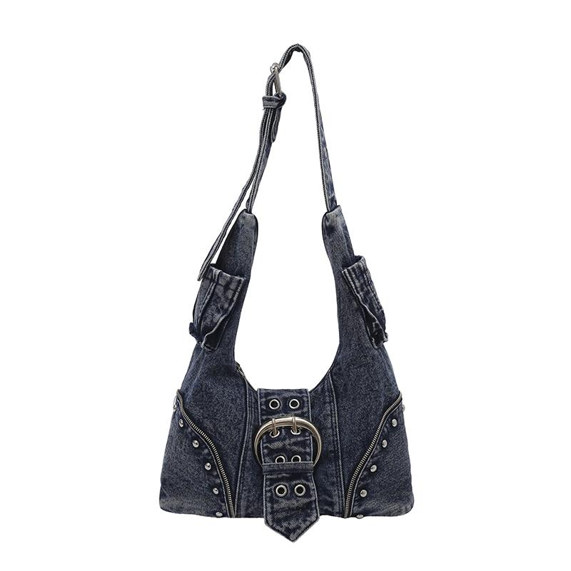 Lässige Denim-Hobo-Tasche mit Metallschnalle und Reißverschluss-Details