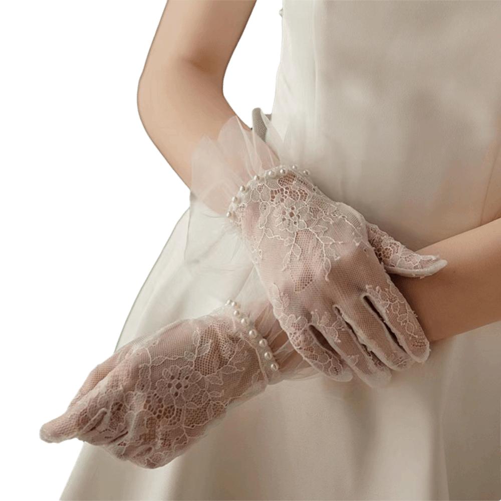 Mesh Fingerless Lace Gloves Pearls Decoration Wedding Gloves Bridal Arm Sleeves  Sun Protection