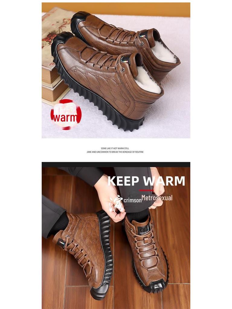 Cizme de zăpadă din piele cu căptușeală de blană pentru bărbați: Ghete de iarnă călduroase din bumbac cu izolație groasă de catifea