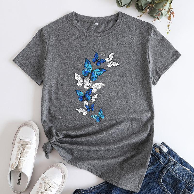 Summer Round Neck Fluttering Butterfly Pattern Printed Top Fashionable Casual Short Sleeved Women's Pure Cotton T-shirts