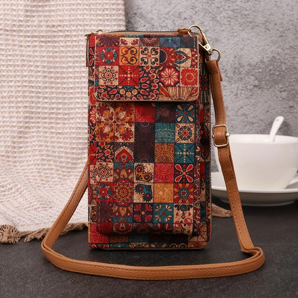 Versatile Bohemian Chic Crossbody Wallet - Lightweight Vegan Leather with Geometric Pattern, Adjustable Strap, and Secure Zip