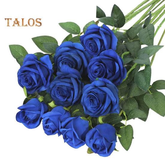 

10 шт. искусственных роз с зелеными листьями, искусственные шелковые цветы, свадебные, вечерние, праздничные, для дома, офиса, стола, центральное украшение, искусственные цветочные ветки, украшение синий