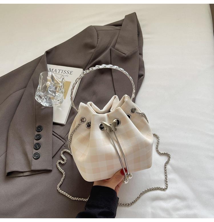 Chain Plaid New Bucket White Trendy Shoulder Bag Small Korean Version Versatile Messenger Bag Ring Hand Bag
