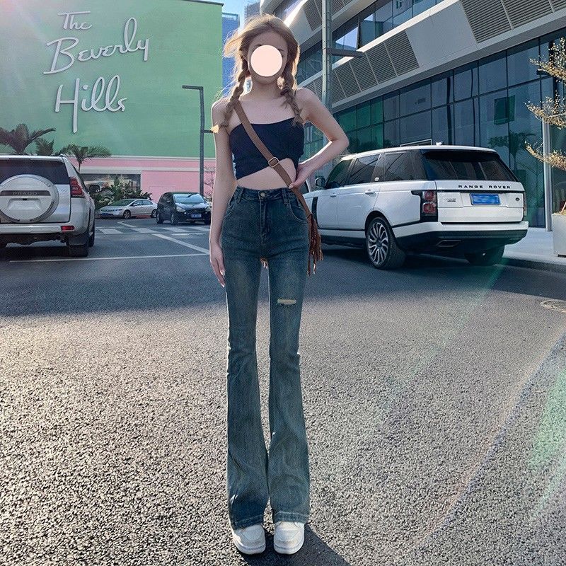 

Синие рваные джинсы в стиле ретро, ​​женские весенние новинки 2023 года, сексуальные прямые расклешенные брюки с высокой талией для девочек