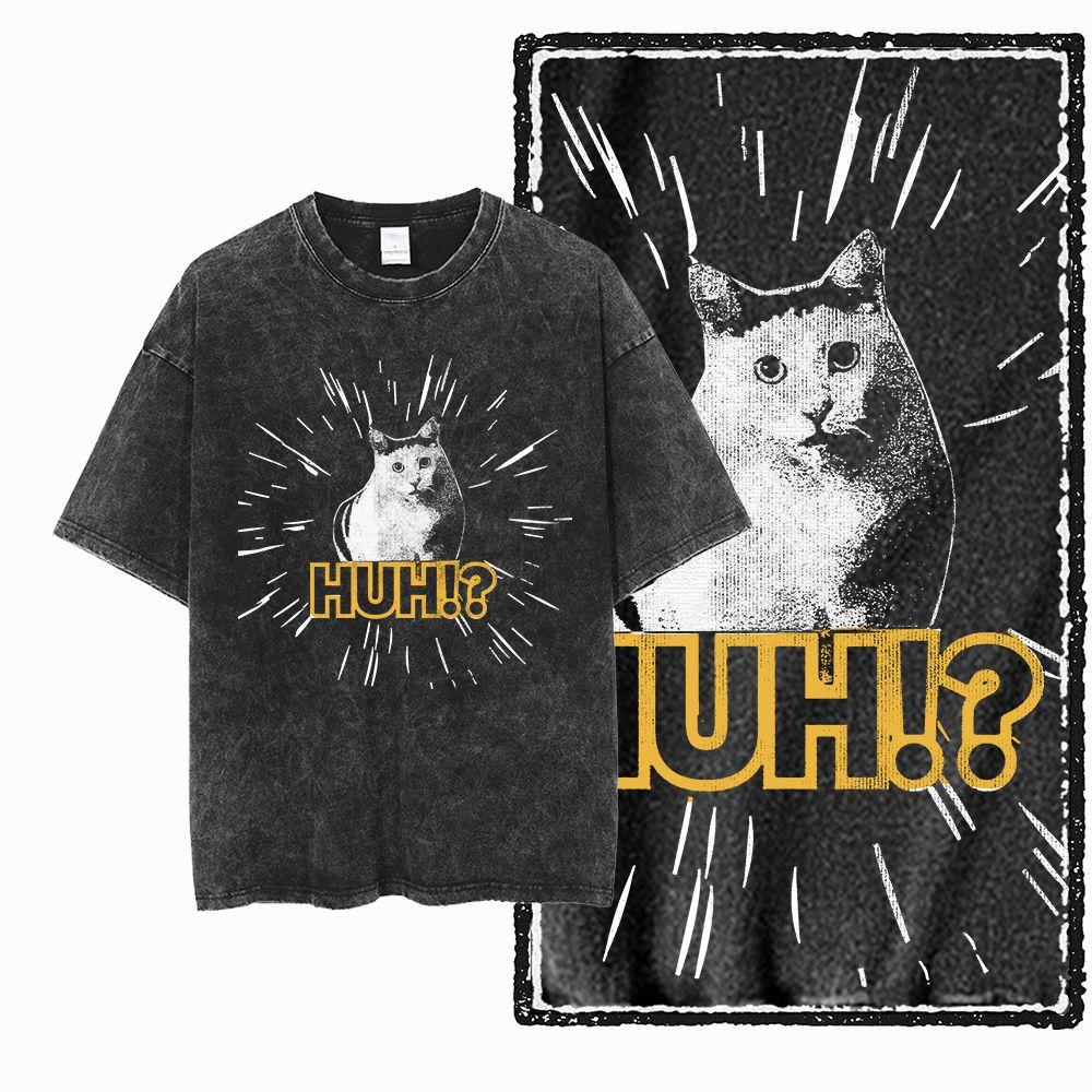 Washed Distressed Cotton Men Huh Cat Print TShirt Big Size Unique Men HUH Meme Confused Cat Graphic Print Humor Tees G S
