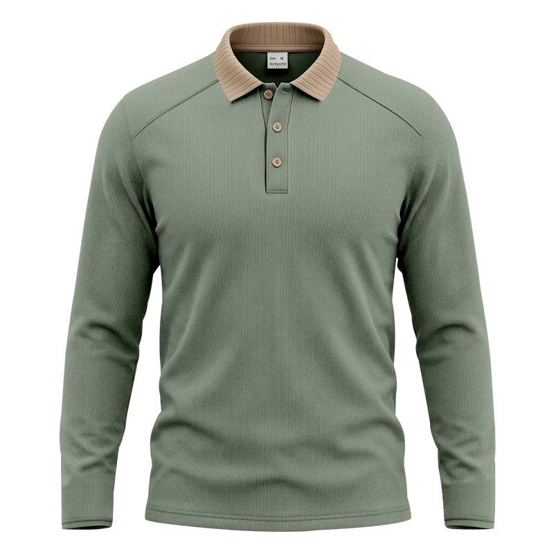 Men S Long Sleeve Polo Shirt Ribbed Collar Solid Color Casual Spring Autumn