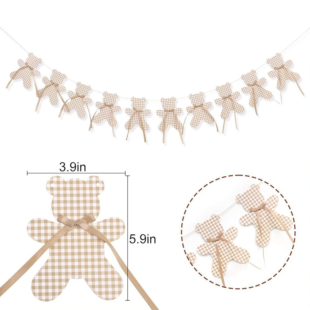 1set Cartoon Grid Bear Paper Banner Burlap with Bow Wall Hanging Garland for Kids Birthday Baby Shower Party Background Decor