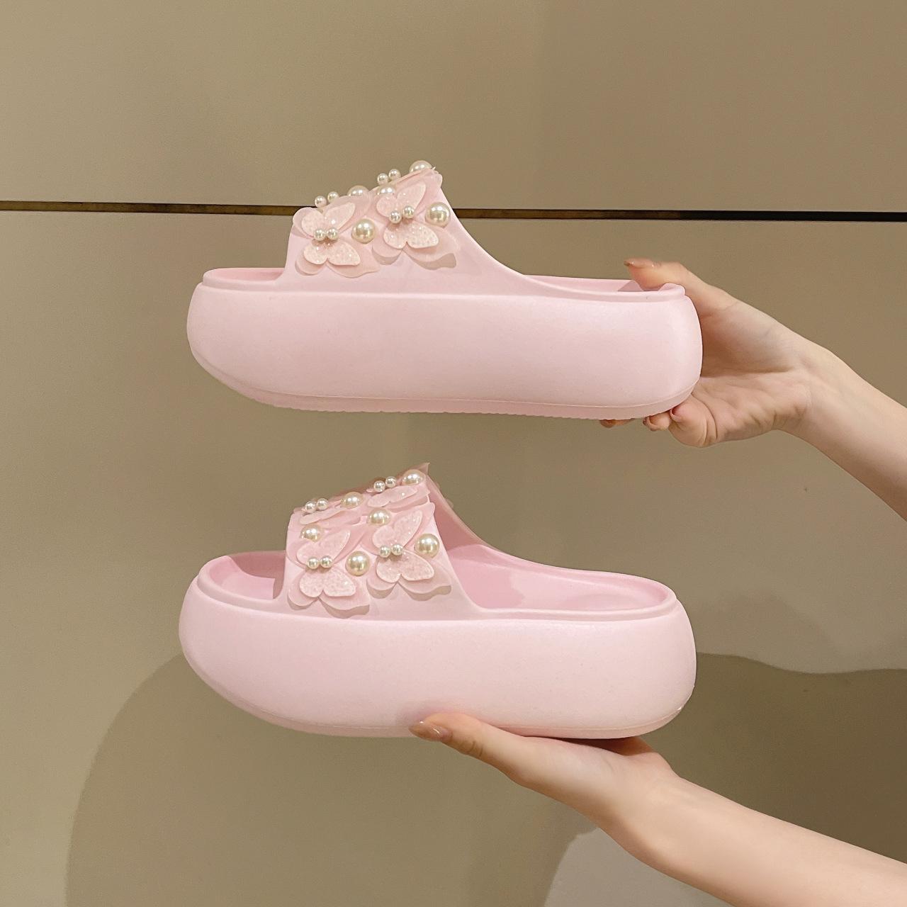 

Жемчужные шлепанцы на толстой подошве-маффине для женской летней носки 2025 новые универсальные шлепанцы на одном слове для морского отдыха на пляже 40 розовый