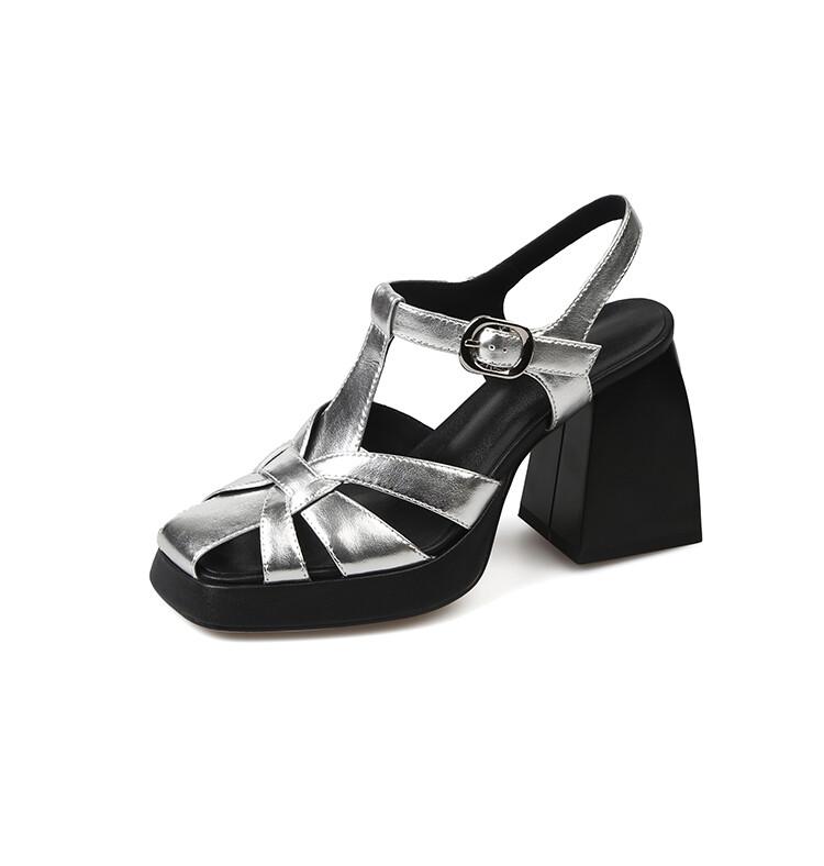 Fashion Summer Sandals Split Leather Women Shoes Square Toe High Heels Sandals for Women Handmade Fashion Roman Shoes Platform Sandals