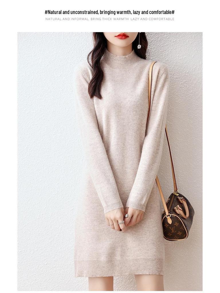 Women's 100% Wool Knit Dress - Autumn/Winter Semi-High Neck Casual Versatile Style