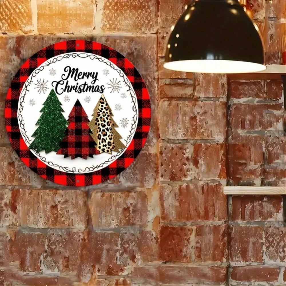 8 Inch Round Metal Wall Art Christmas Decor Plaid Leopard Wreath Sign for Home Kitchen Garden Office Holiday Decorating