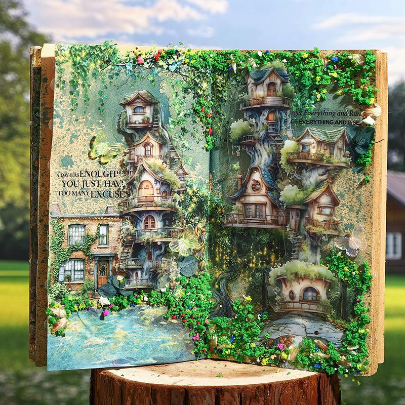 Fantasy Domek na stromě Bezešvá PET páska - Kreativní Chata DIY Samolepky s krajinou