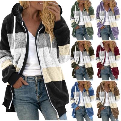 Women's Fashion Stitching Loose Hoodies Long Sleeve Plush Zipper Coat