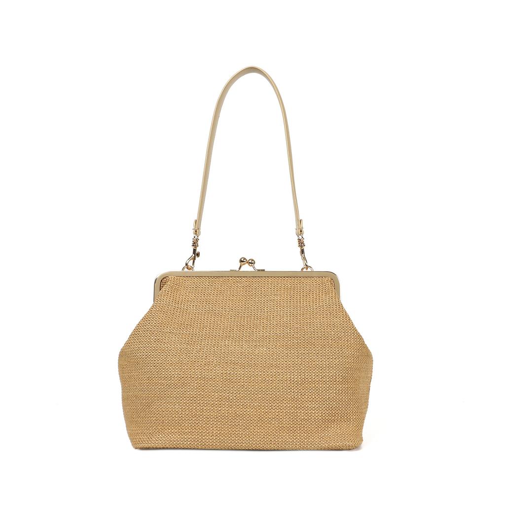 New Color Striped Kiss Lock Straw Medium Clip Bag Woven Tote Bag Women'S Casual Summer Beach Bag