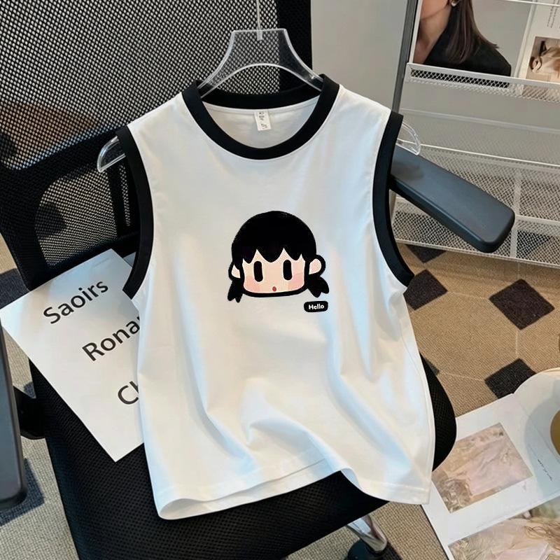 Girls' Korean Style Fashionable Color Block Cotton Vest T-shirt - Summer Sleeveless Top for Middle & Older Kids, Casual Round Neck Trendy Design