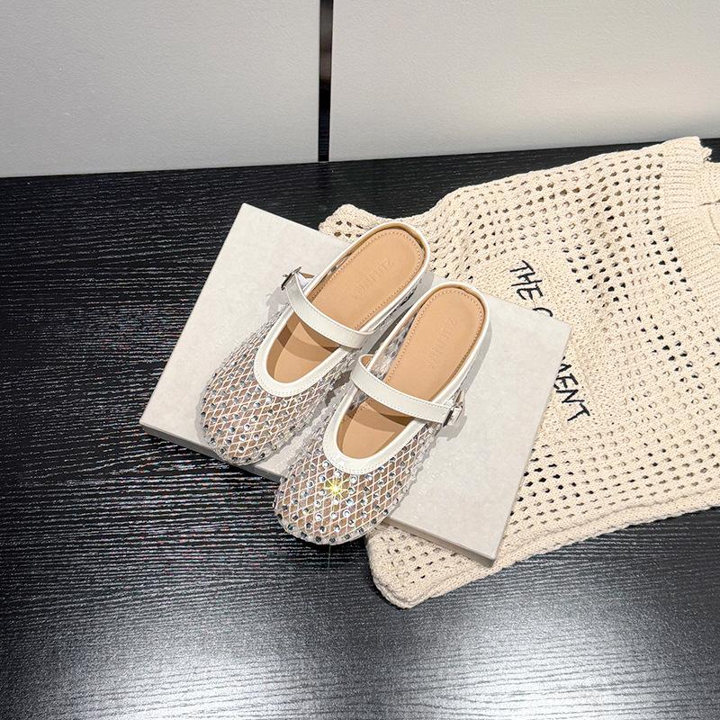 Small Man Increases the Height of Rhinestones Mary Jane Bag Head Half Slippers Women's New Summer Breathable Cool Slippers