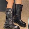 Metal Belt Buckle Low Heel Mid-Leg Boots Fashion Round Toe Soft Leather Autumn New High Knight Boots for Women