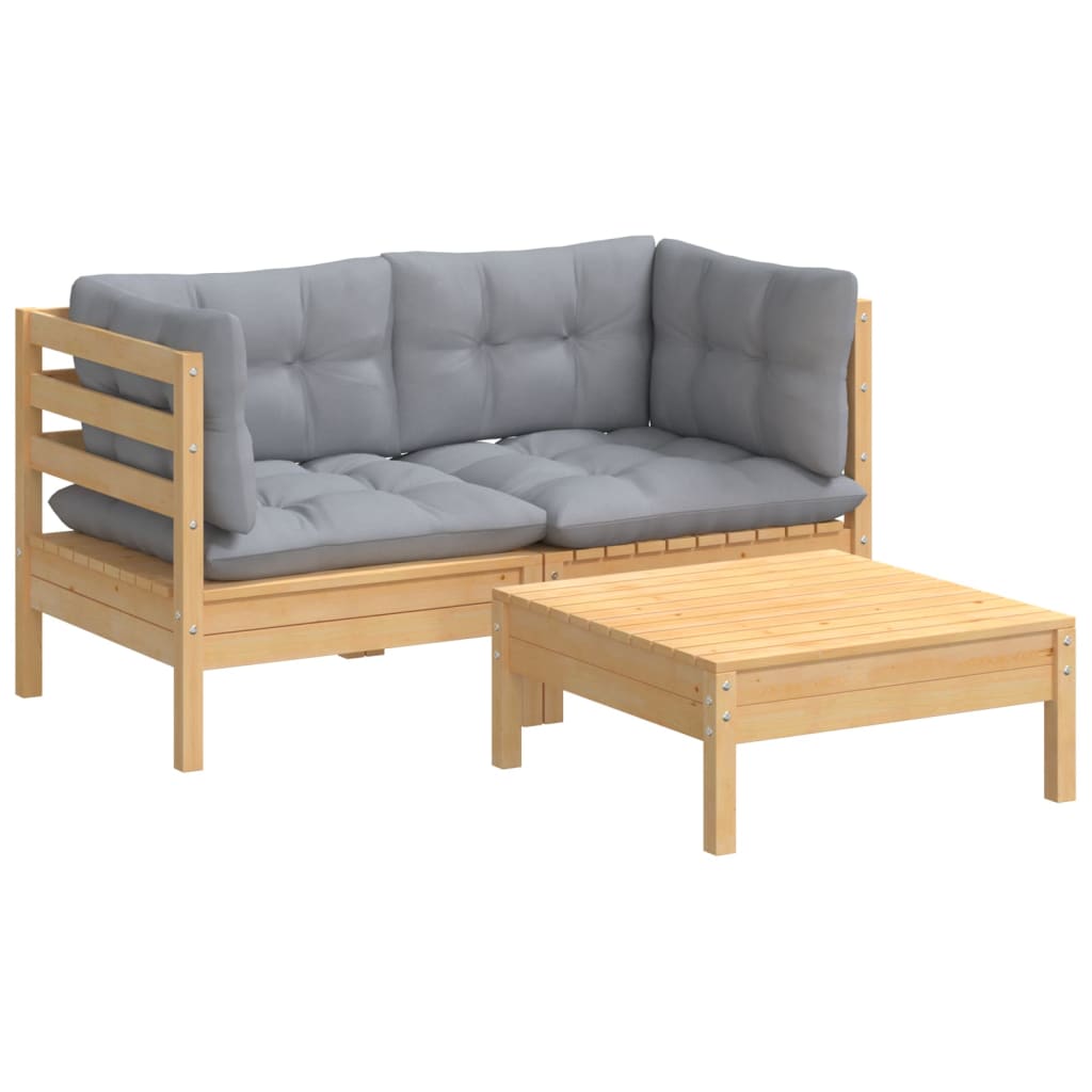 Vidaxl 3-Cz. Garden Lounge Set, Grey Cushions, Pine