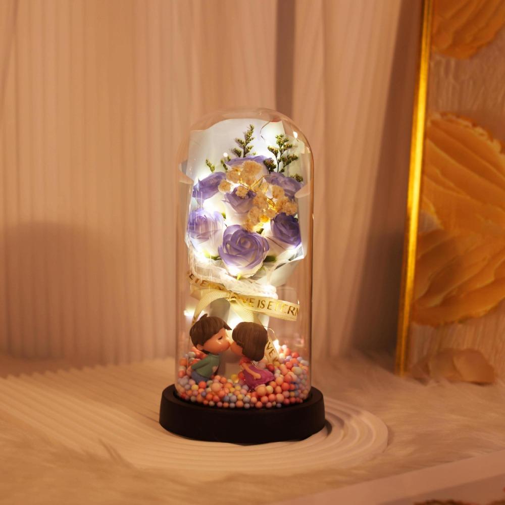Colorful Eternal Rose Flower Lover Figurines Transparent Cover Rose Bouquet Ornament Living Room Decor Real Touch Flower