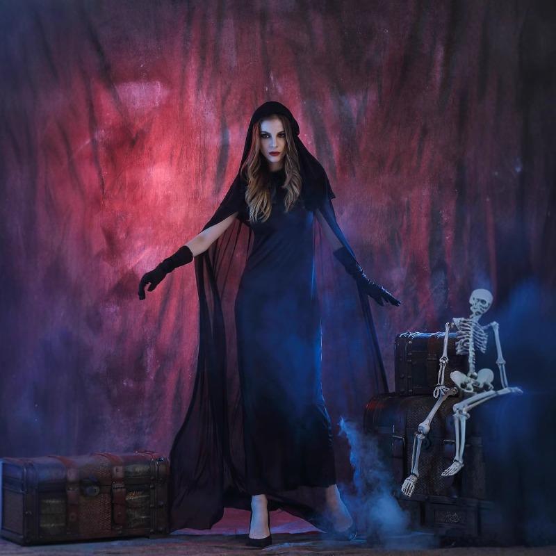 Halloween black devil costume, cape of death, vampire witch costume, masquerade, stage costume