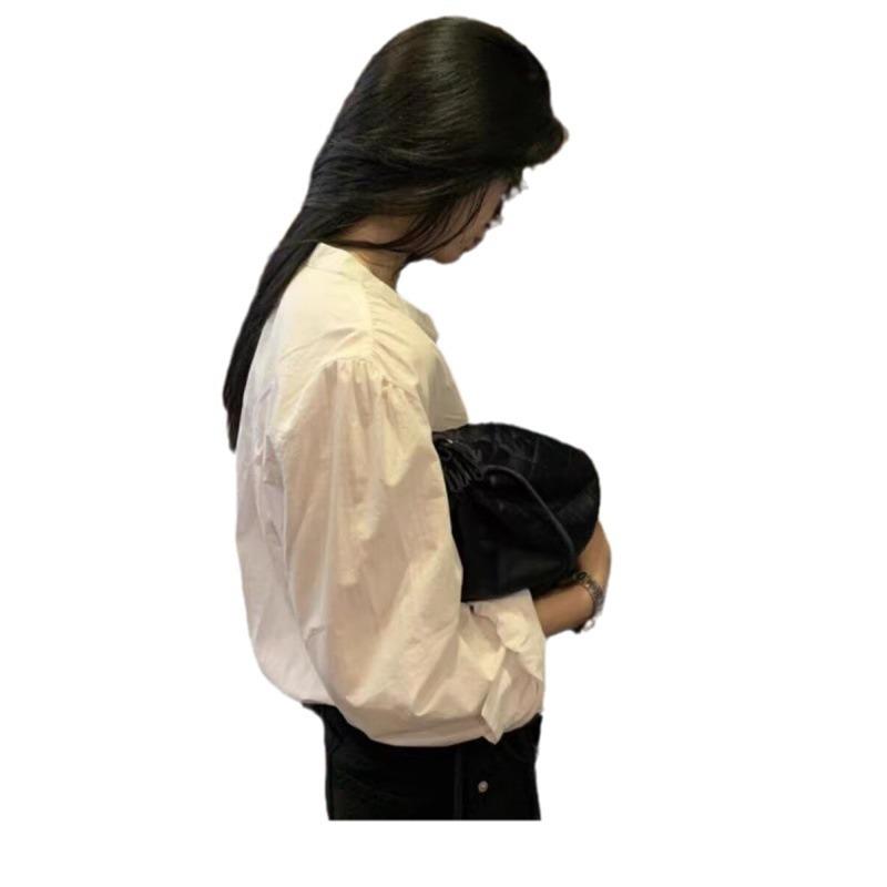 Comfortable and Versatile Round Neck White Shirt Female Long-sleeved Blouse Retro Design Sense Niche Bubble Ins Temperament Elegant Fashion Top