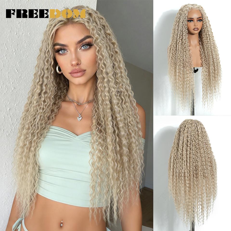 

FREEDOM 6x4 Synthetic Lace Front Wigs For Women 32 Inch Pre-cut Long Curly Lace Wig Pre-plucked Ombre Brown Blonde Glueless Wigs (as the picture,32inches)