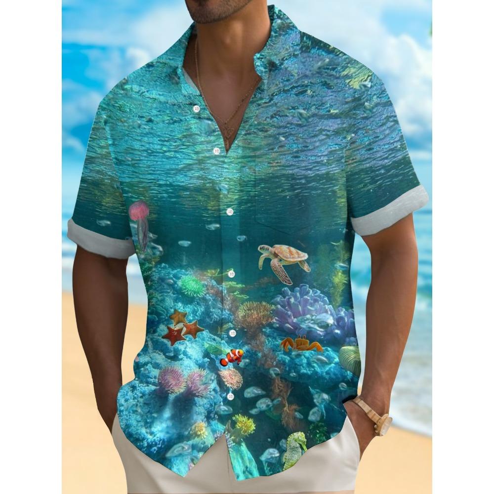 Sommer Herren 3D-Druck Meeresorganismus Grafikhemd Hawaiianische Freizeithemden Knopfleiste Kurzarmhemden Ohne Tasche