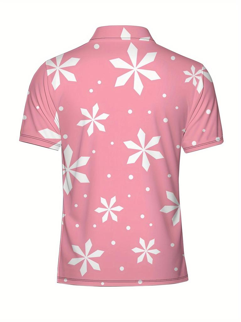 Men's Short-Sleeve Polo Shirt with Lapel Collar & Button Placket - Full-Body Christmas Print Button-Front Suitable for Dates, Beach Vacations, Machine