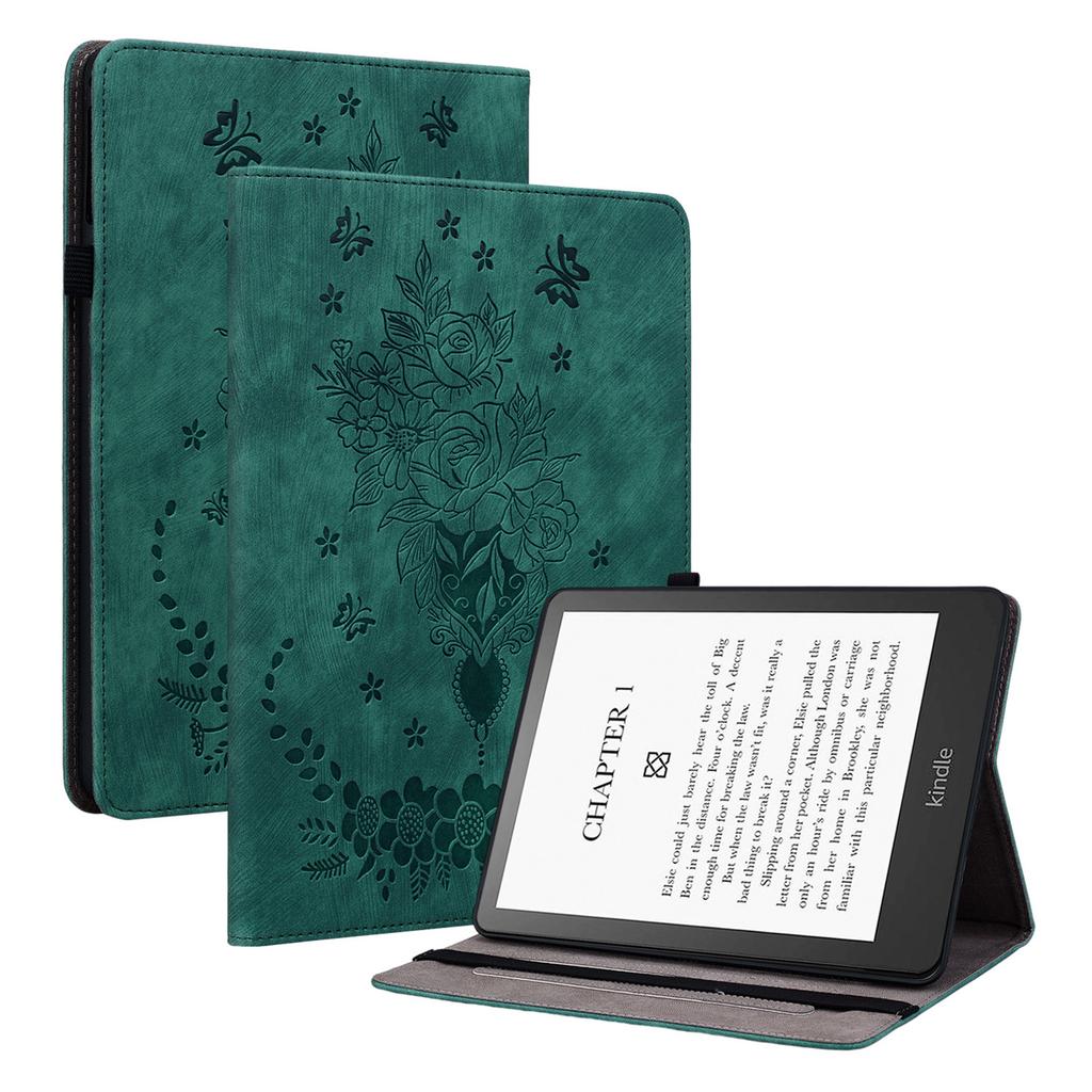 For Amazon Kindle Paperwhite (2024)/Kindle Colorsoft Leather Case Card Holder Rose Flower E-Reader Cover