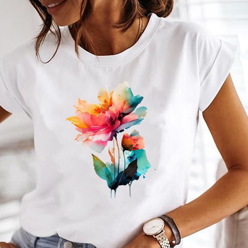 (Asian Size) flower letter Printed Tee Women Lady Female Top summer Clothing Casual T Shirt Fashion Graphic Short Sleeve T-shirts