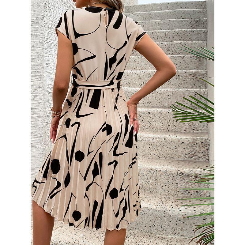 Printed round Neck Lace up Casual Dress Print round Neck Tied Dress