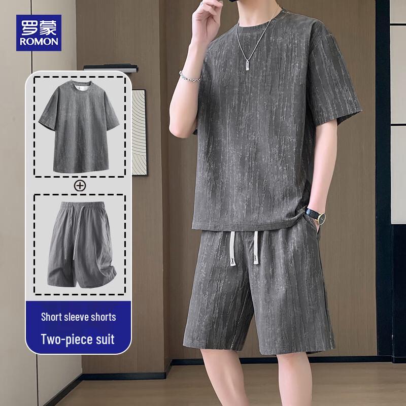 

ROMON Men s Jacquard Ice Silk T-Shirt & Shorts Casual Set M