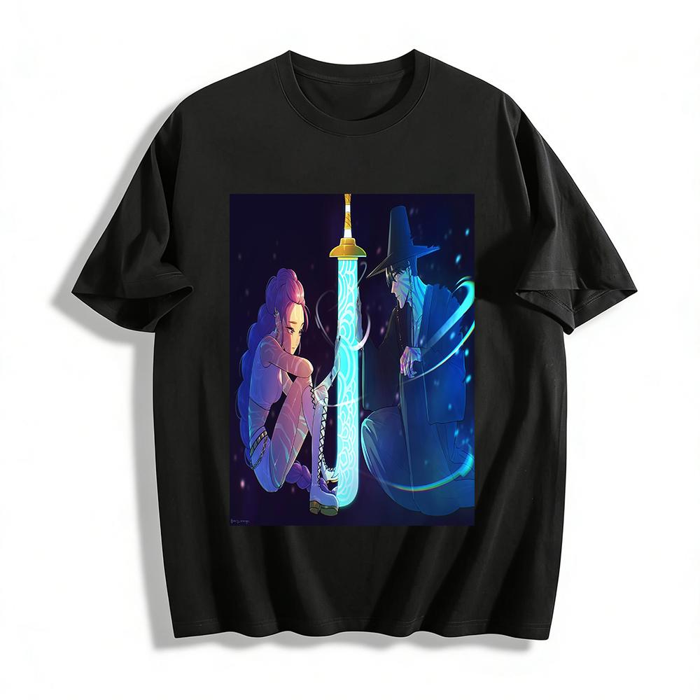 

Anime Style Glowing Sword Character Print T-Shirt Trendy Couple Loose Breathable Casual Top Pure cotton T-shirt XXS