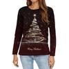 Women's Fashion Casual Slit Hem Round Neck Long Sleeve Loose Christmas Printed T-Shirt Ladies Top