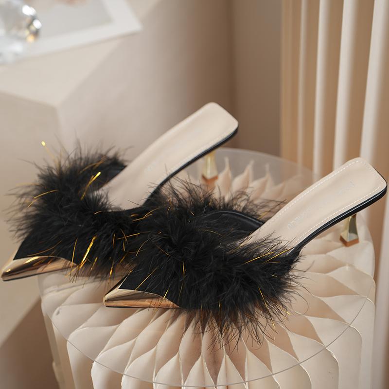 Fashion Women Warm Plush Pointed Toe High Heels Winter Mules Slipper Korean Fashion Design Thin Heels New Flip Flops Pumps Zapatos Mujer