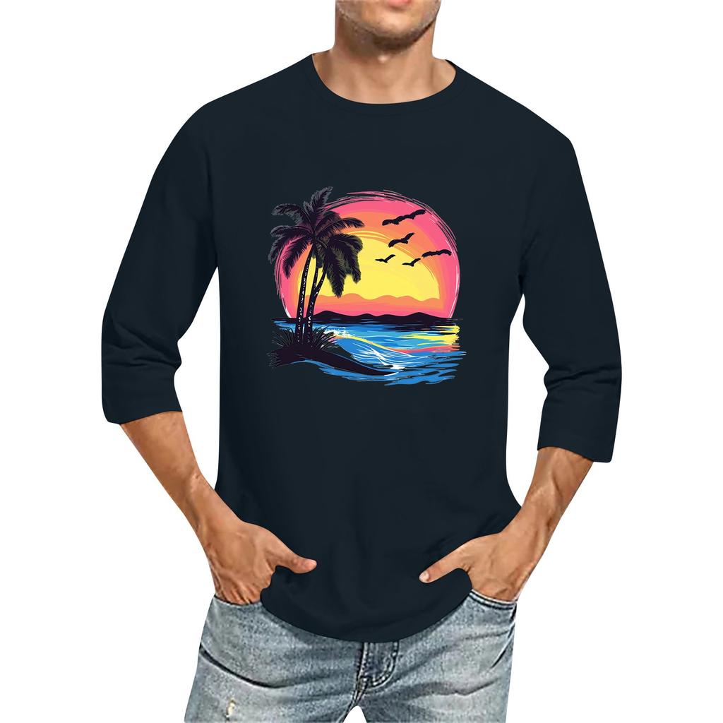 Jednobarevné pánské tričko s kulatým výstřihem a tříčtvrtečním rukávem