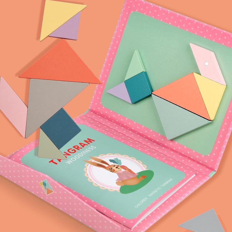 Wooden Colorful Bookcase Magnetic Tangram Teaching Aids Children'S Educational Cognition Creative Puzzles Early Education Toys