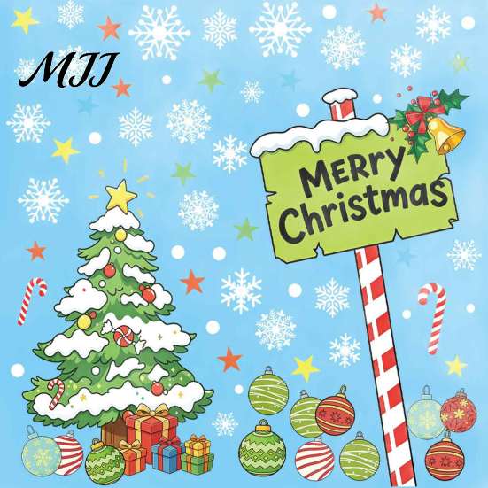 Snowflake Window Stickers 2Pcs Christmas Tree and Merry Sign Clings, PVC Static Glass Stickers, Reusable Decorations Holiday Decals with Star Colorful