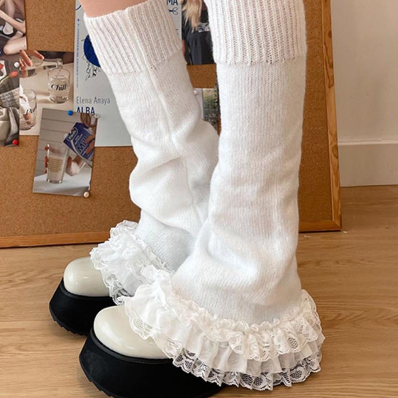 Multi-layer Lace Trim Flared Y2K Sexy Lolita Cute Girl Soft Mid-Calf Breathable Daily Solid Color Polyester Knitted Leg Warmers
