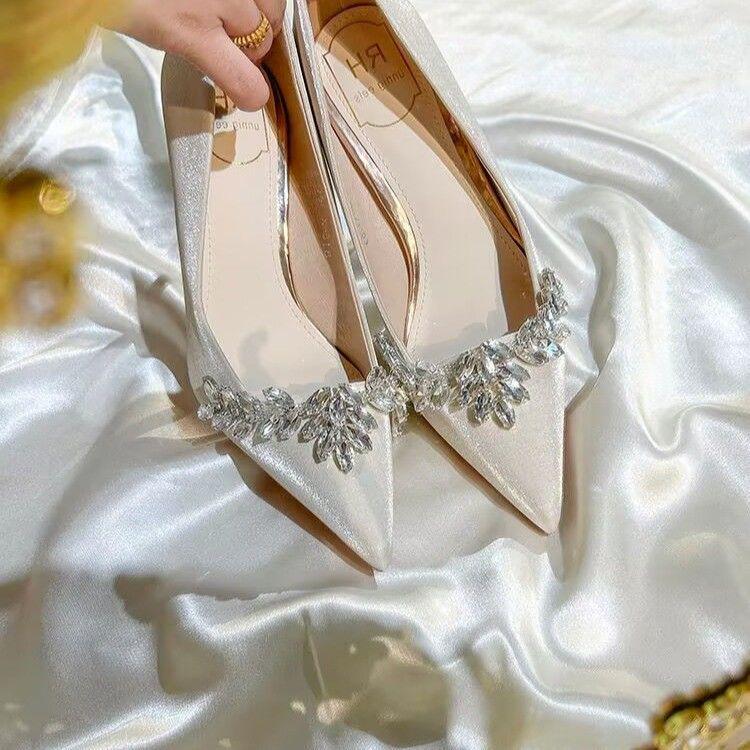 

Атласные туфли-стилеты со стразами для свадьбы и помолвки 2025 Size 40