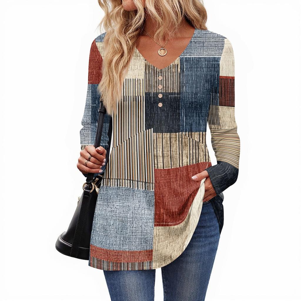 Top casual de damă la modă cu gât în V, nasturi, imprimeu floral retro, mâneci lungi