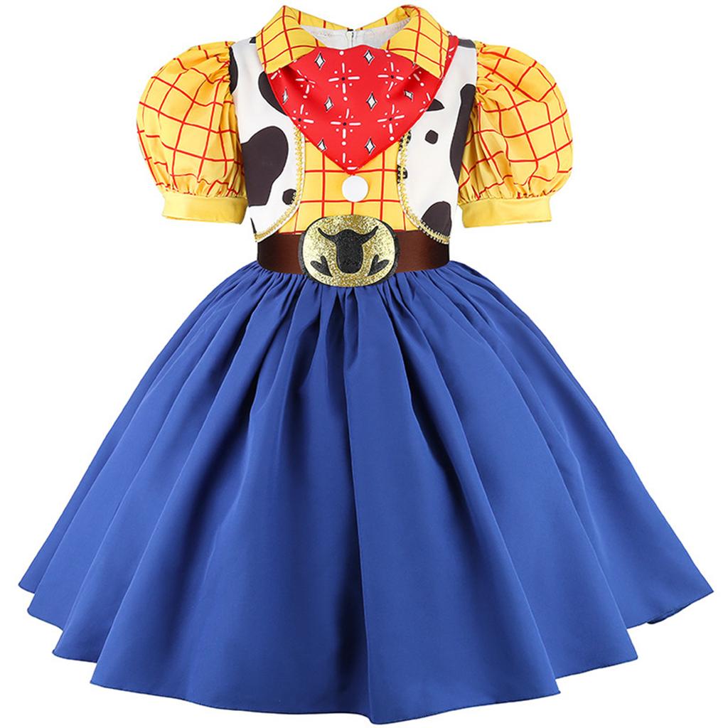 Mädchen Westernstil Kleid mit Puffärmeln und bedrucktem Mieder mit Gürteldetail und voller Rock für Kinder Rollenspiele und Kostümveranstaltungen