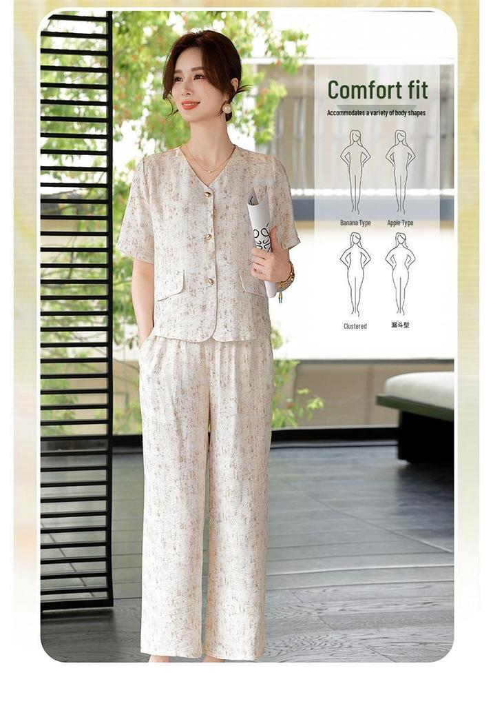 Women's Chinese Style Summer Two-Piece Set: Stylish Short Sleeve Top and Pants for Middle-Aged and Elderly
