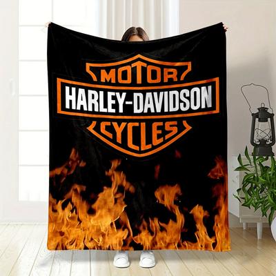 Harley-Davidson Logo with Fiery Flames On a Black Background. for All Seasons Blanket Lunch Break Throw Gift