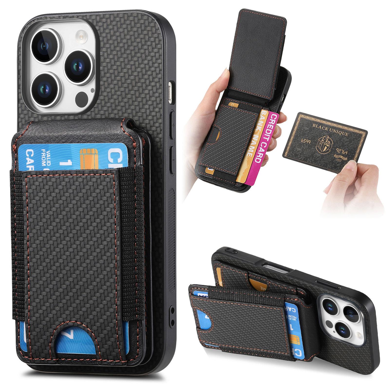 

C1-12 For iPhone 16 Pro Case Card Holder Leather+PC+TPU Kickstand Phone Cover Black