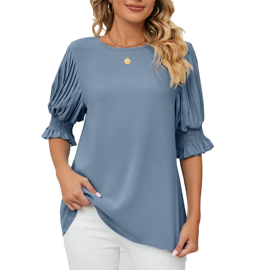 Women's Chiffon Tops Fashion Solid Color Round Neck Ruffle Princess Sleeve Loose T-Shirt