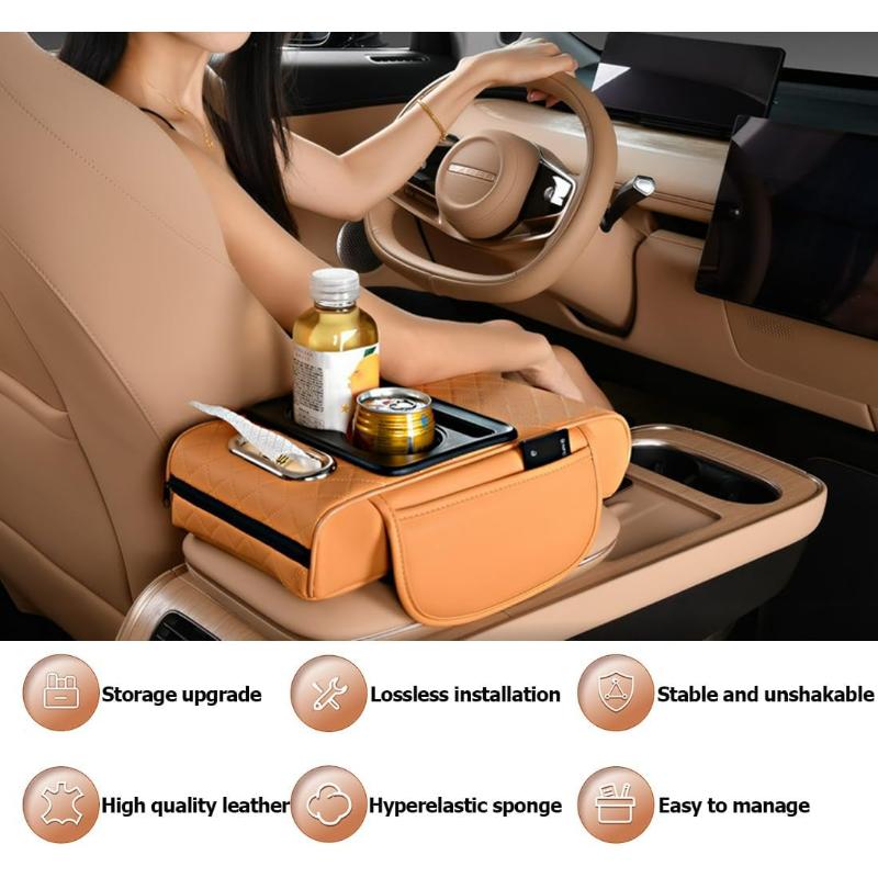 Car Armrest Cushion 5-in-1 Center Console Cover with 2 Storage Bags Cup Holder Tissue Box Slot Car Accessories Organizers
