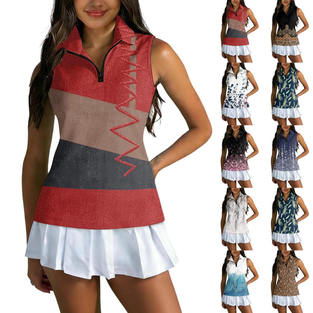 Camiseta Polo de Golf sin Mangas para Mujer con Cuello con Cremallera Estampado de Hojas Transpirable Camiseta sin Mangas Deportiva para Deportes y Actividades al Aire Libre