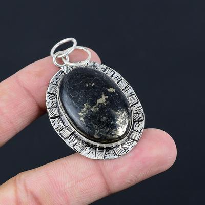 Daughters Day Deal Oval Pyrite Gemstone Sterling Silver Handmade Bezel Pendant