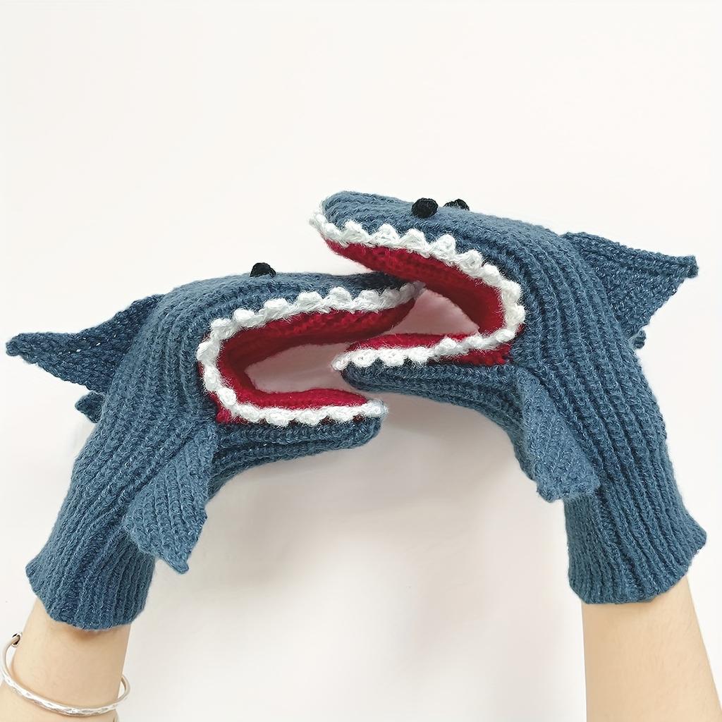 Grey Shark Knit Gloves Coldproof Elastic Mittens Cute Cartoon Animal Warm Gloves For Women Men Autumn & Winter